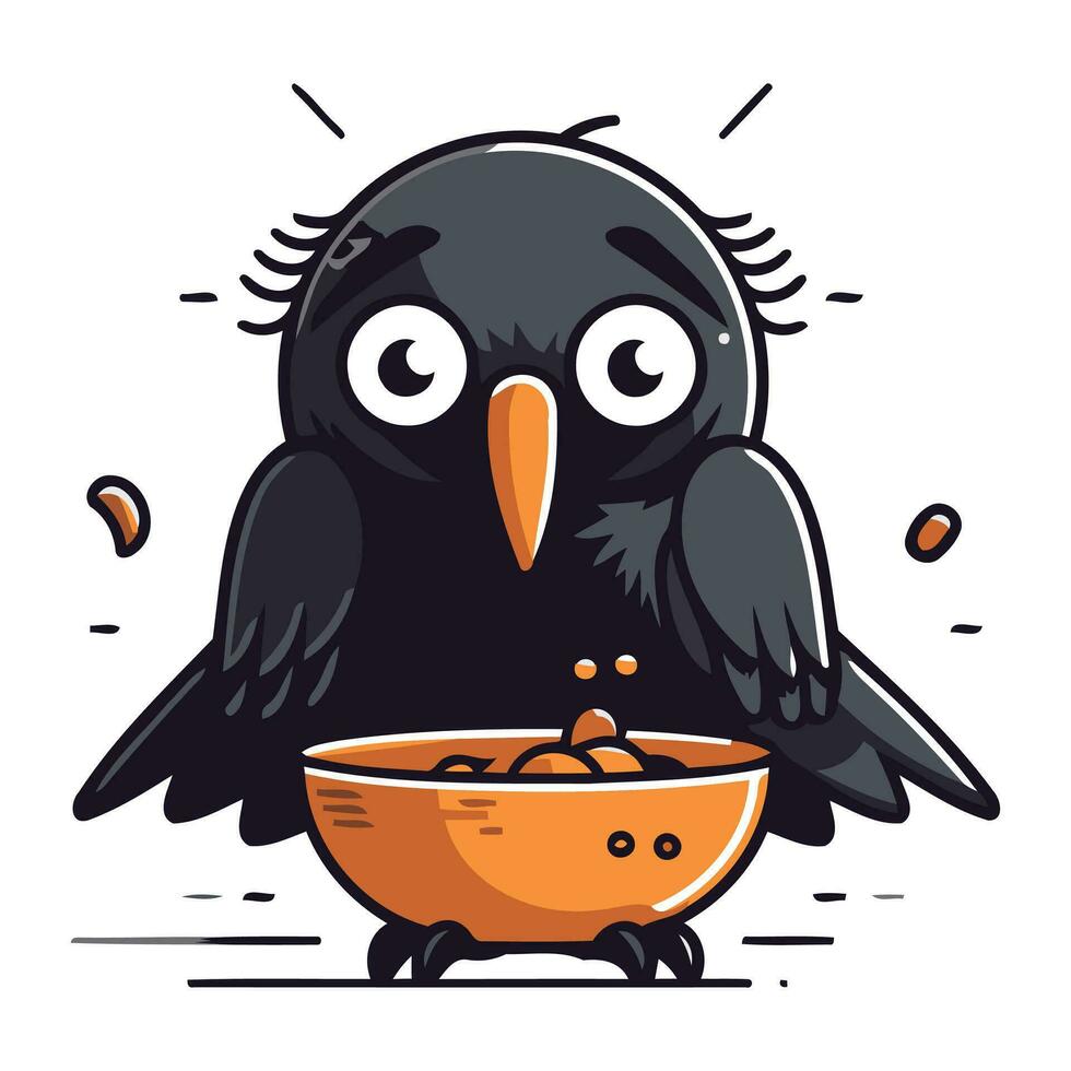 söt svart kråka äter från en skål av spannmål. vektor illustration.