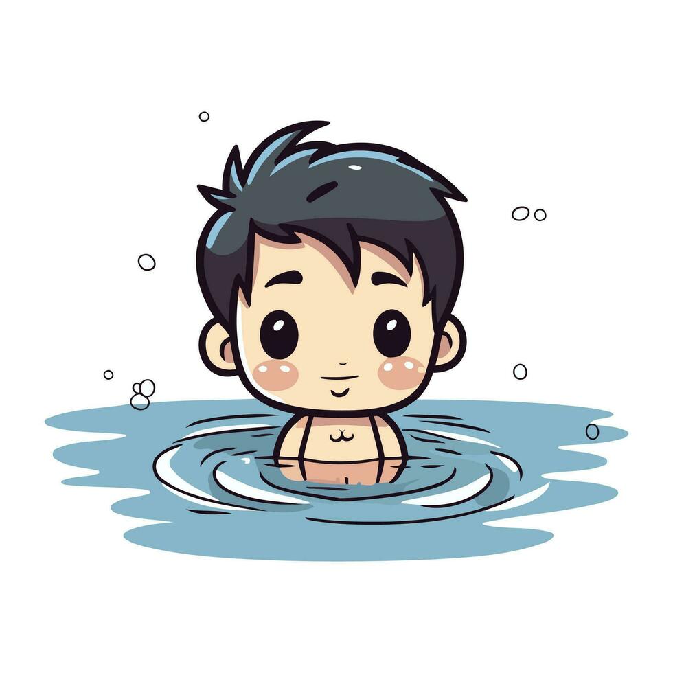 süß wenig Junge Schwimmen im ein Schwimmbad. Vektor Karikatur Illustration.