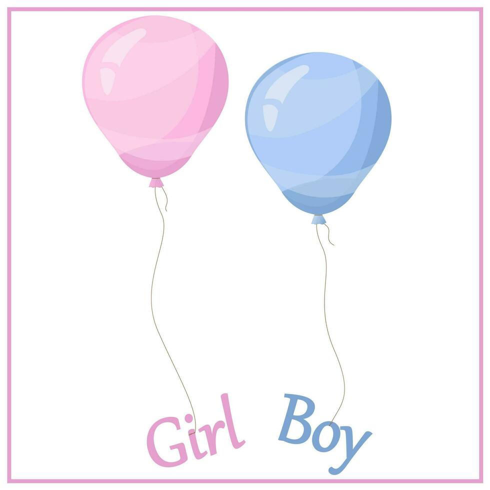 rosa och blå flygande ballong, band, födelsedag fira, överraskning. bebis dusch dess en flicka dess en pojke hälsning kort. helium ballon gåva. tecknad serie stätta. vektor illustration