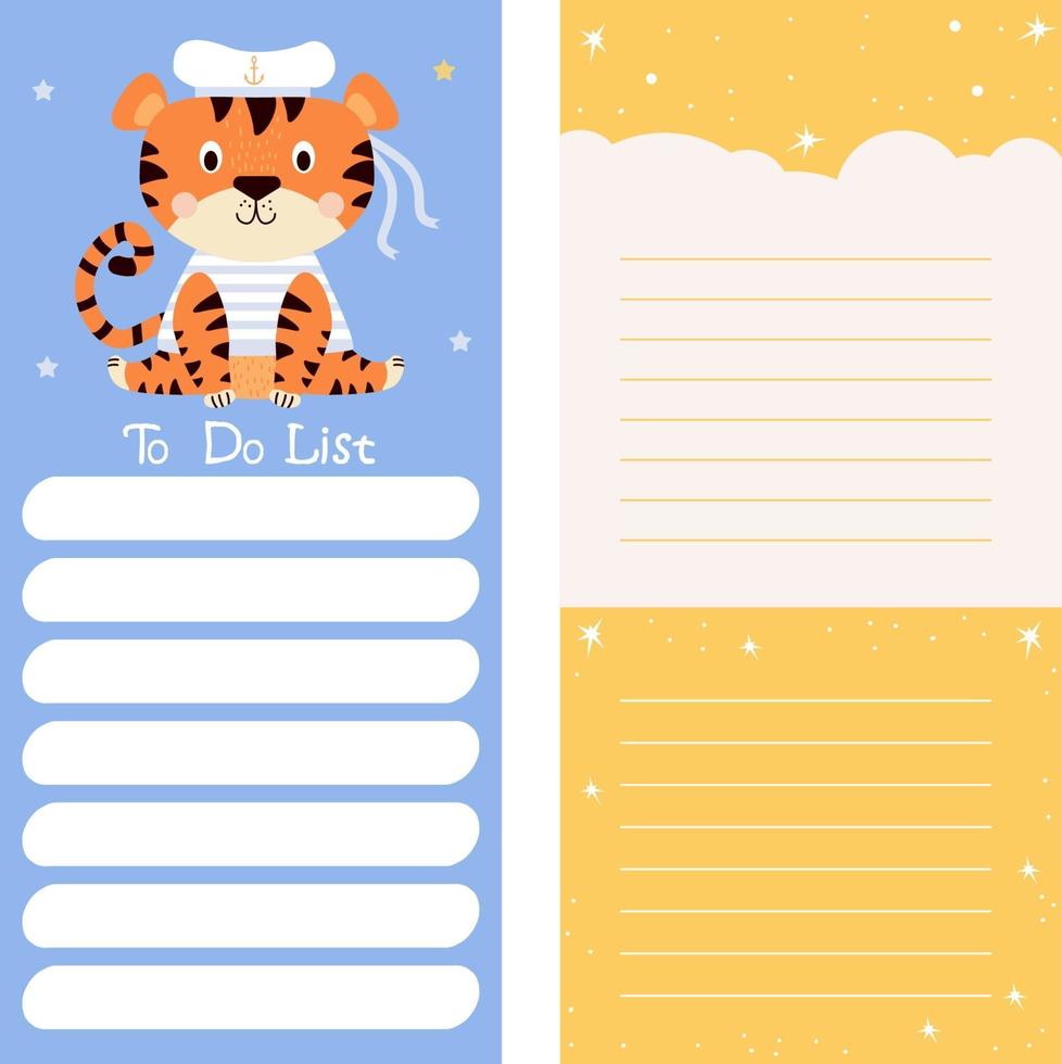 Planer, Notizpapier, To-Do-Liste, Stickervorlagen mit Tigersegler vektor