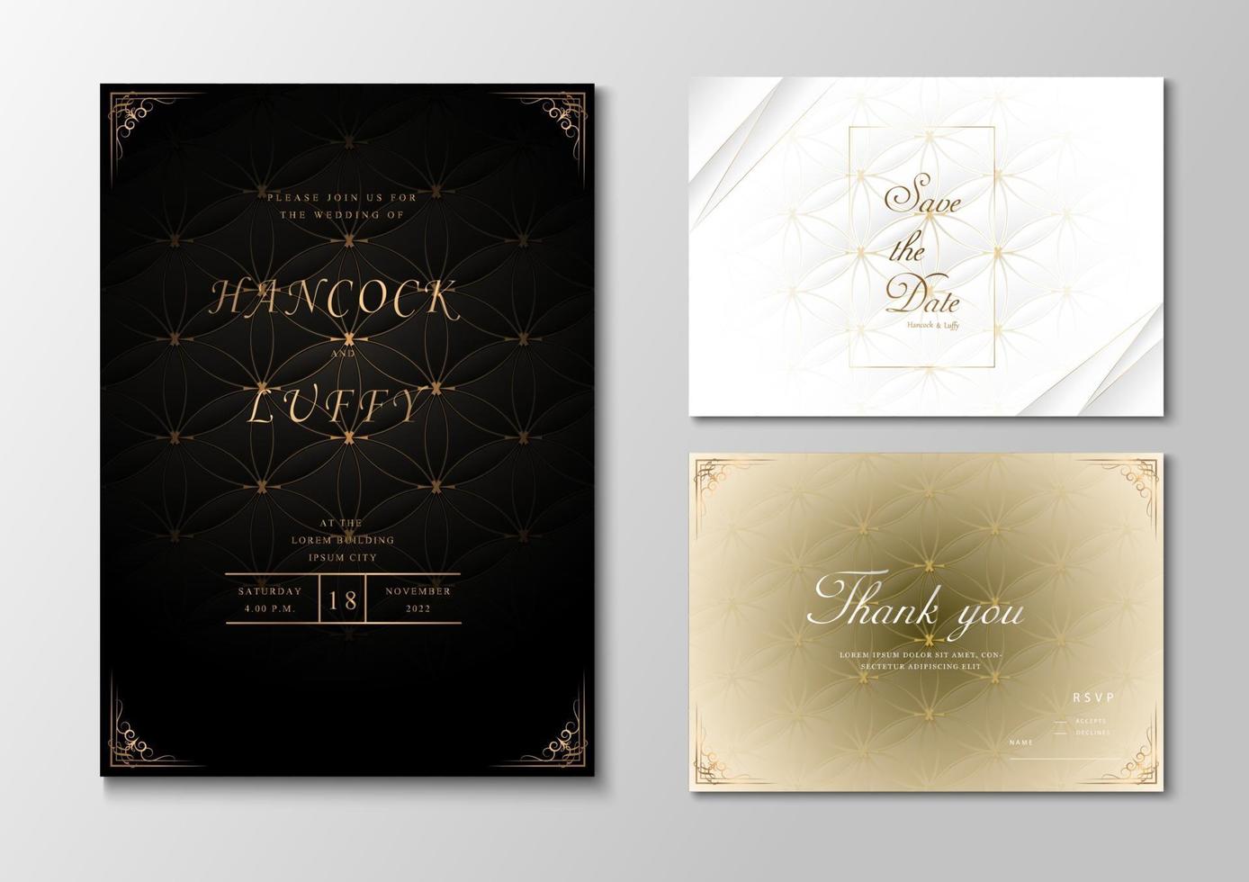 Hochzeitseinladungskartenvorlage schwarz, weiß und gold floral design vektor