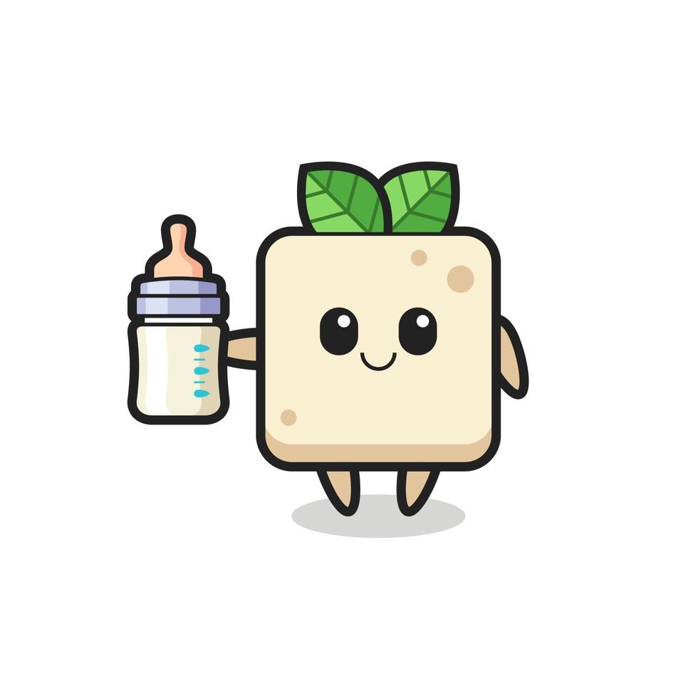 Baby-Tofu-Cartoon-Figur mit Milchflasche vektor
