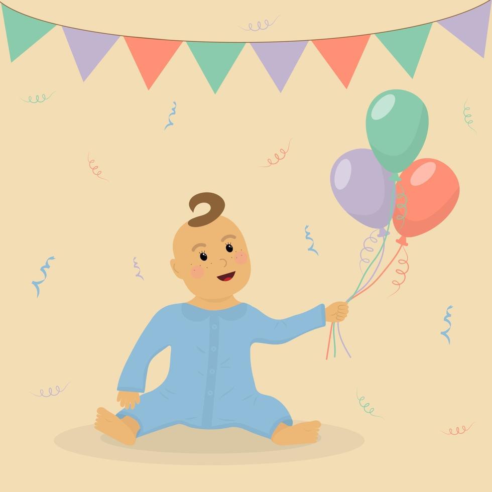 baby pojke sitter med luftballonger. liten pojkes födelsedagsfest. vektor