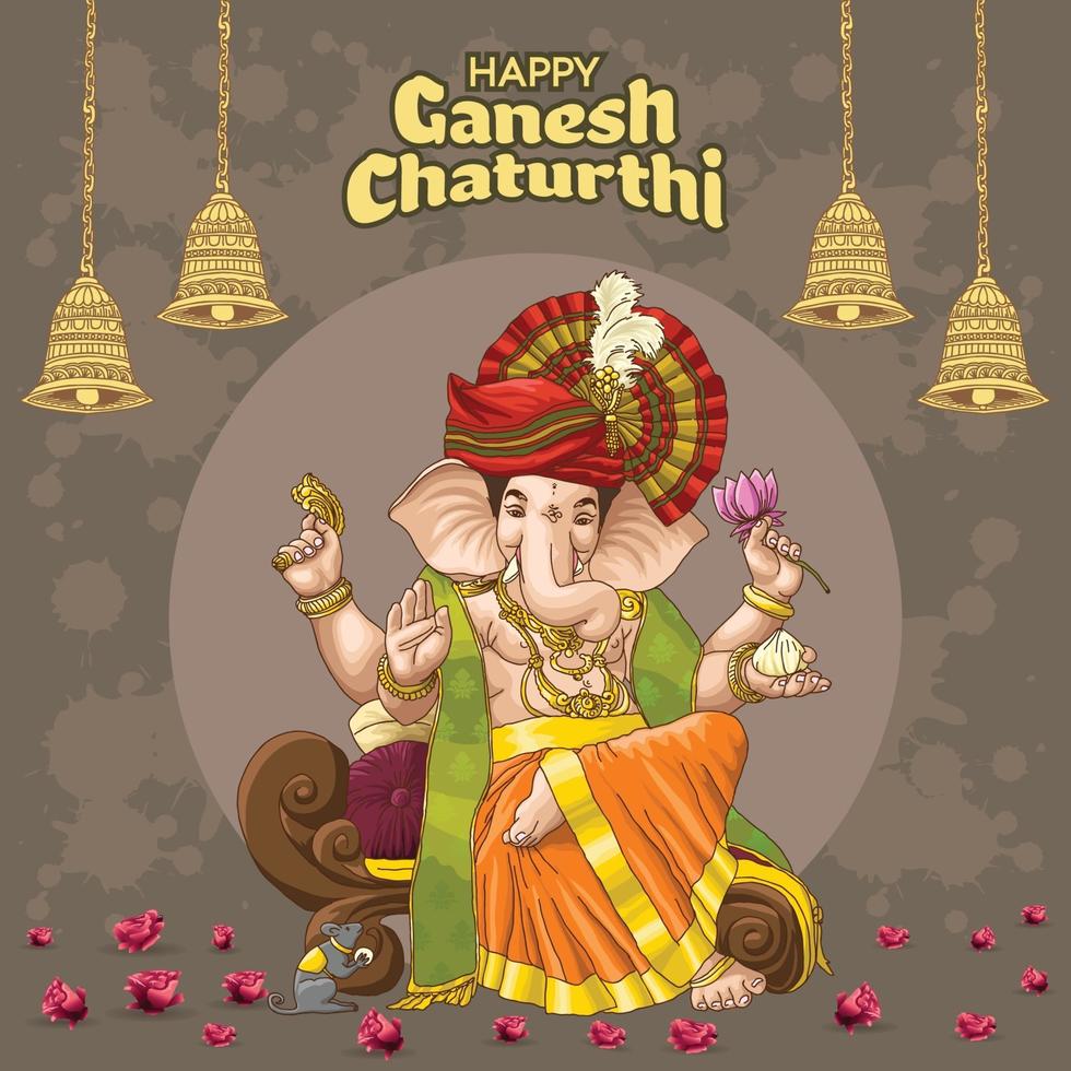 Ganesha Chadurthi Grüße mit Glockendesign und spirituellen Elementen vektor