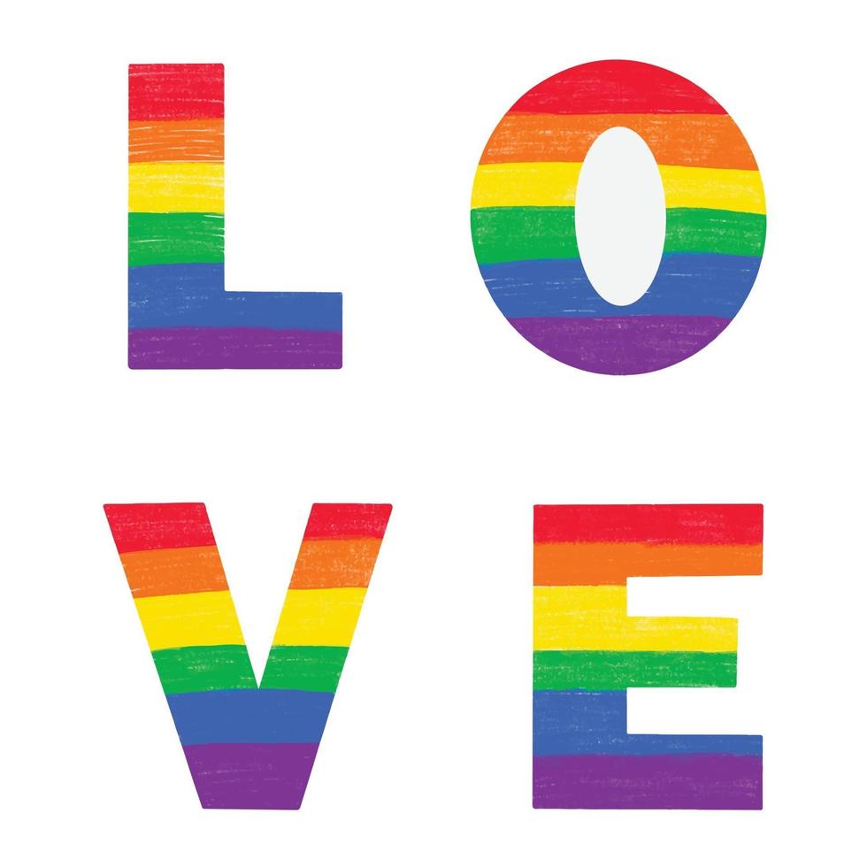 Buchstaben lieben farbige Regenbogen-lgbtq-Flaggenfarben, Buntstiftstiftbeschaffenheit vektor