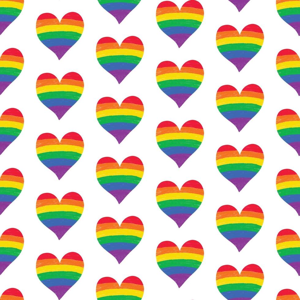 sömlöst mönster, regnbåge lgbtq pride hjärta, krita penna textur vektor