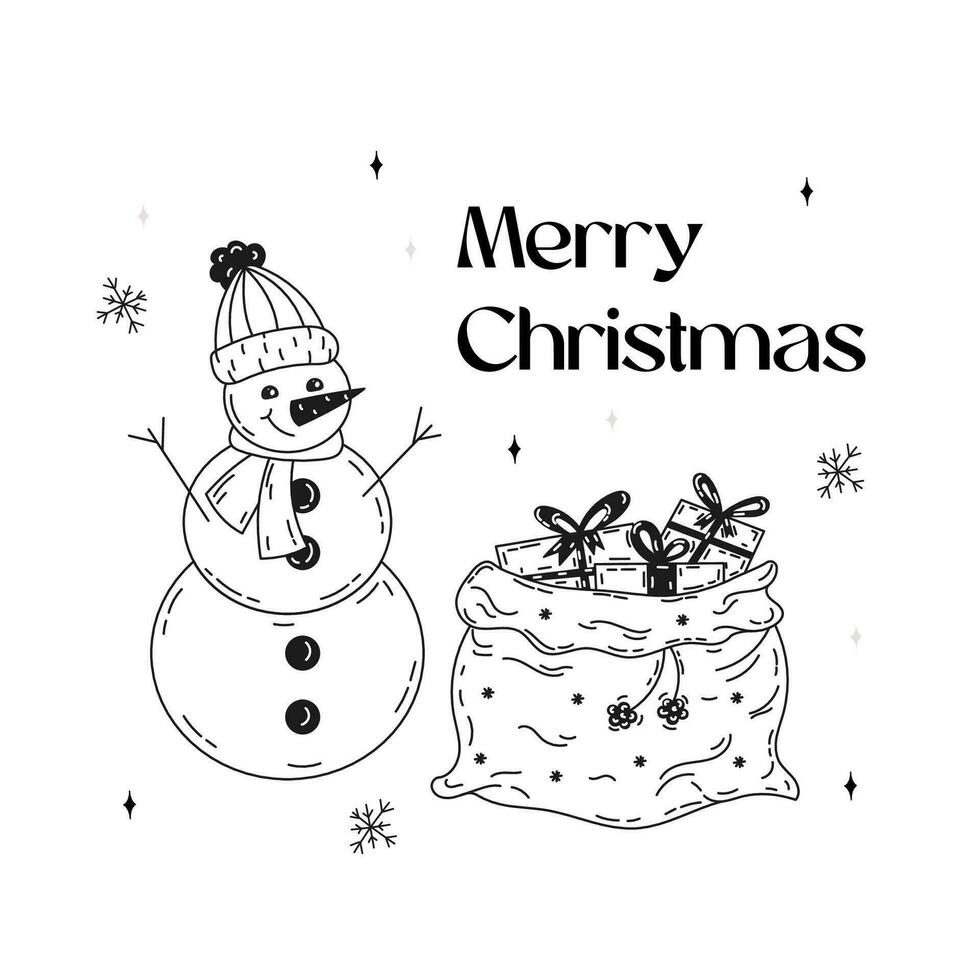 Lycklig vinter- högtider vykort. hand dragen jul grafik. uppsättning av Semester element. jul kort med en snögubbe och en väska av gåvor i klotter stil. vektor stock illustration på vit bakgrund
