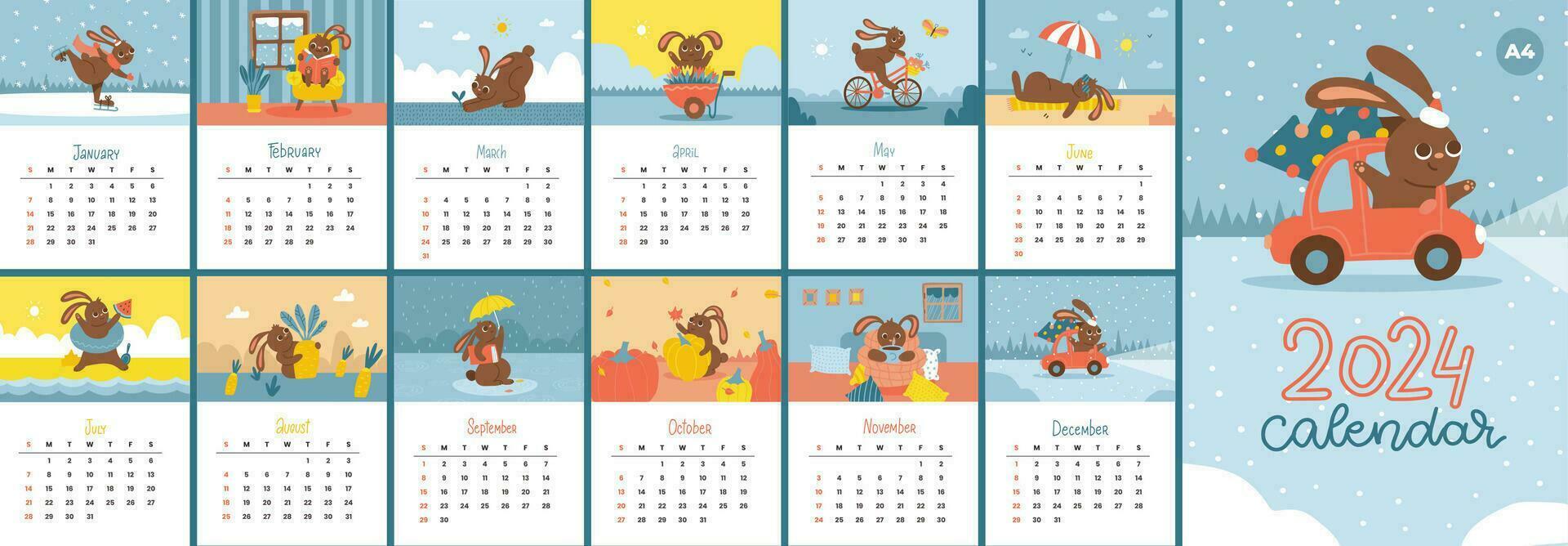 kalender 2024 a4 storlek mall med liten kanin säsong aktiviteter, en gång i månaden planerare arrangör. omslag och 12 månad sidor kanin karaktär maskot. platt dragen vektor illustration. vecka börjar på söndag.