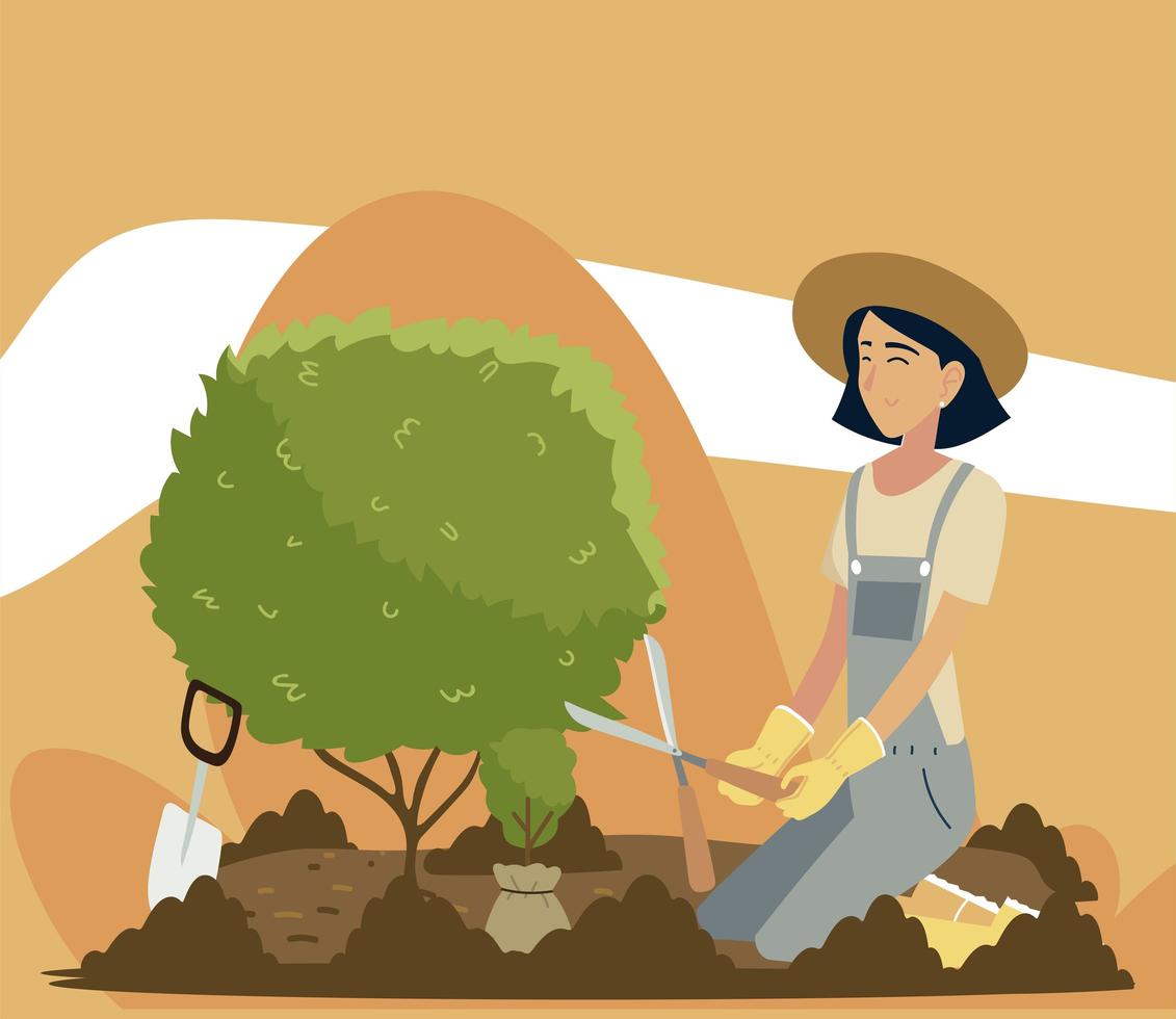 Gartenarbeit, Frau beschneidet einen Baum mit einer Schermaschine vektor