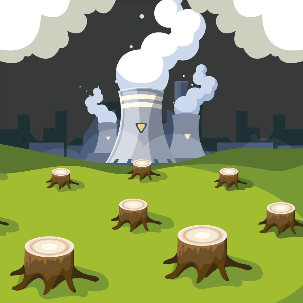 Fabrikproblem und Umweltverschmutzung der Natur, Fällen von Waldbäumen vektor