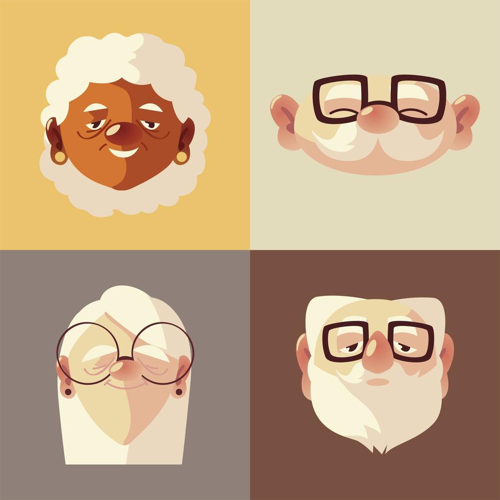 Senioren, süße Gesichter, alte Männer und Frauenfiguren mit Brille vektor