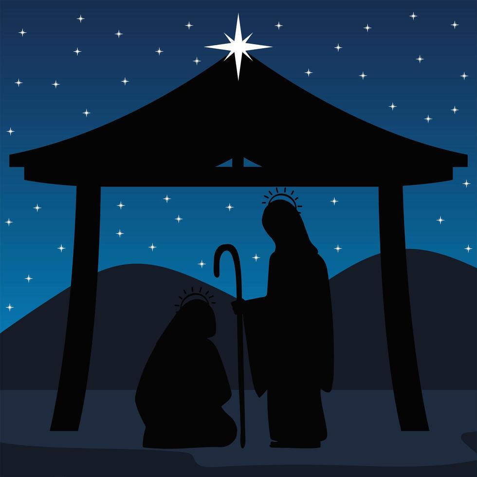 nativity joseph och mary i den stabila silhuettscenen krubba vektor