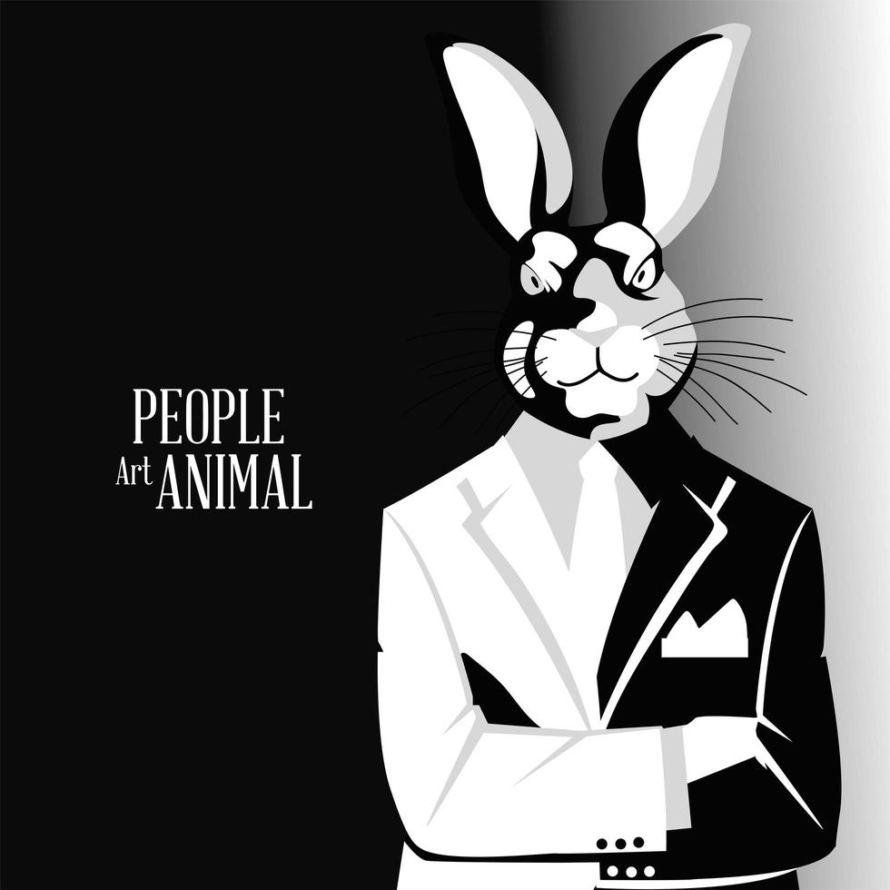 Menschenkunsttier, Kaninchen im Anzugporträt im weißen und schwarzen Stil vektor