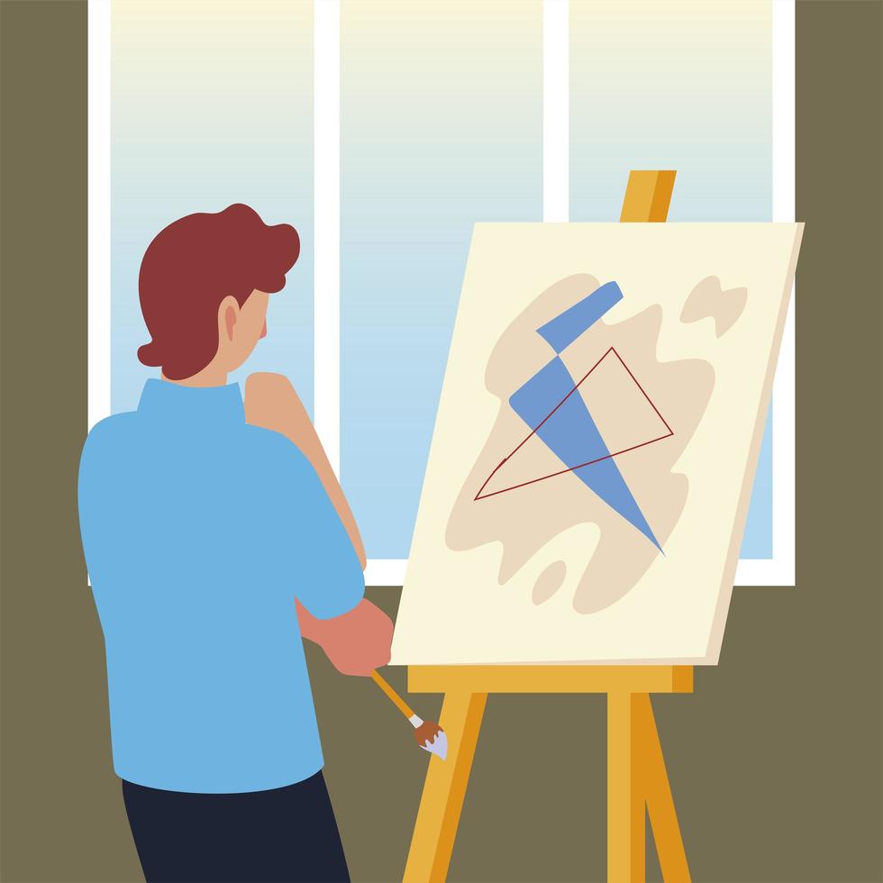 Maler-Mann-Malerei mit abstraktem Bild auf Leinwand in einem Studio vektor