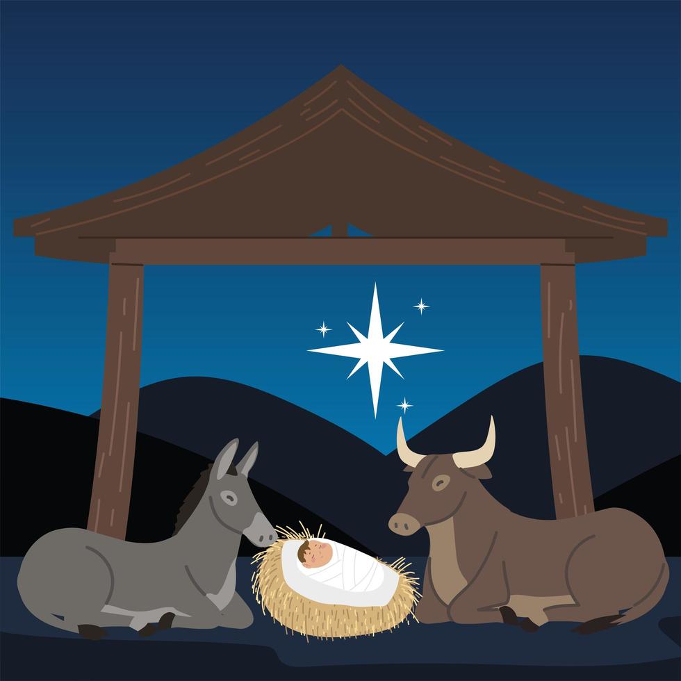 Krippe Baby Jesus mit Esel Ochse und Stern in der Nacht vektor