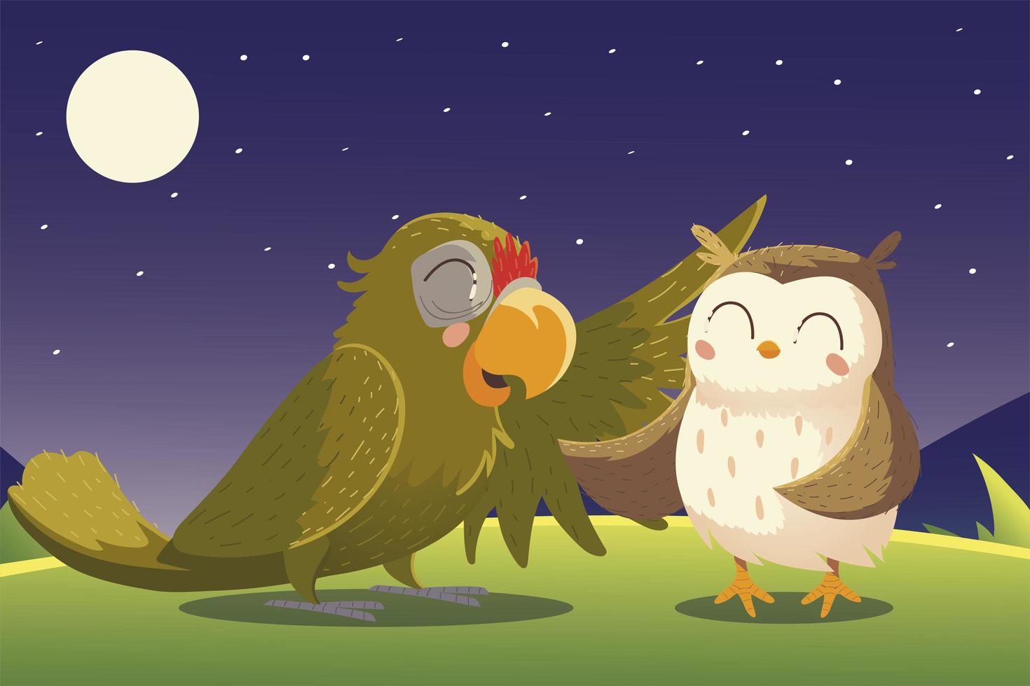 tecknade djur papegoja och uggla natt natur vektor