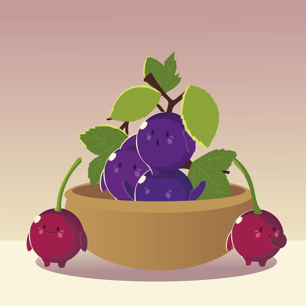 frukter kawaii roligt ansikte lycka söta vindruvor och körsbär i skål vektor