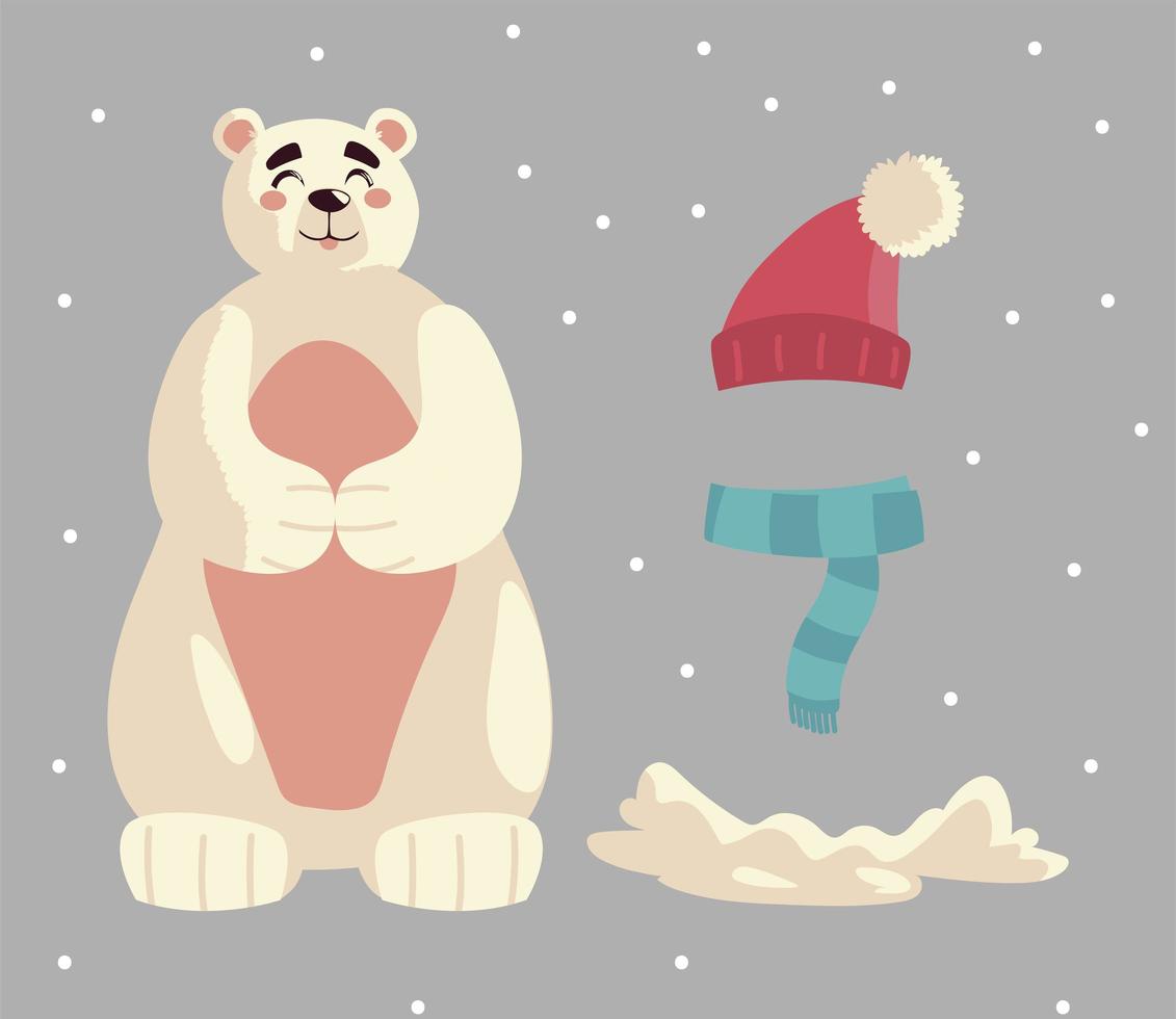 Frohe Weihnachten Eisbär Schal Mütze und Schnee Icons Set vektor