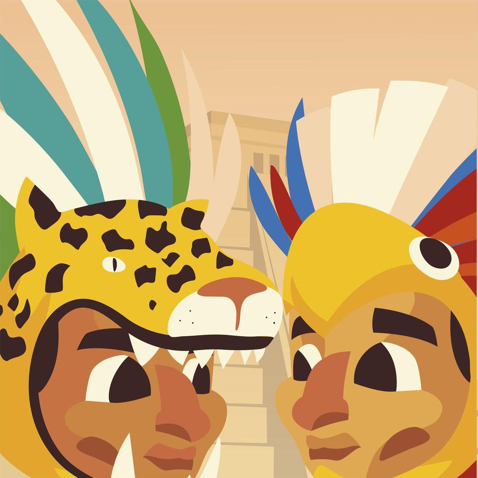 aztekische Charaktere mit Tiger- und Papageienkopfschmuckkarikatur vektor