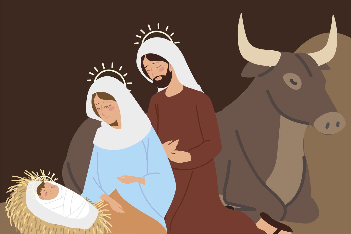 födelse joseph mary baby jesus och ox krubba vektor