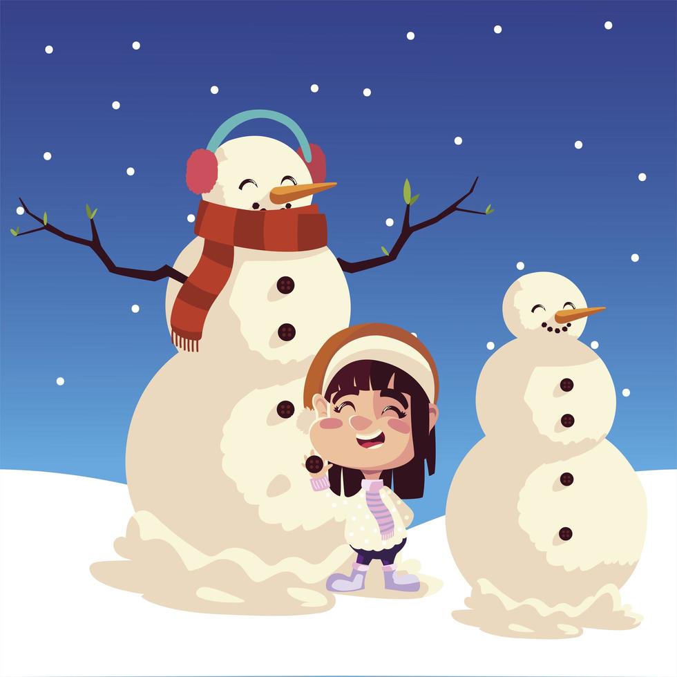 god jul söt tjej med snögubbe i snölandskapet vektor