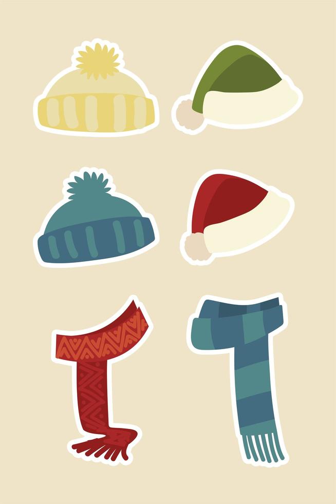 vinterkläder hattar halsduk varma tillbehör mode klistermärken ikoner vektor