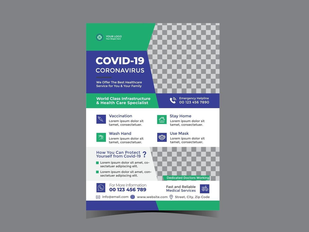covid-19 medicinsk och hälsovårdstjänst flygblad designmall vektor