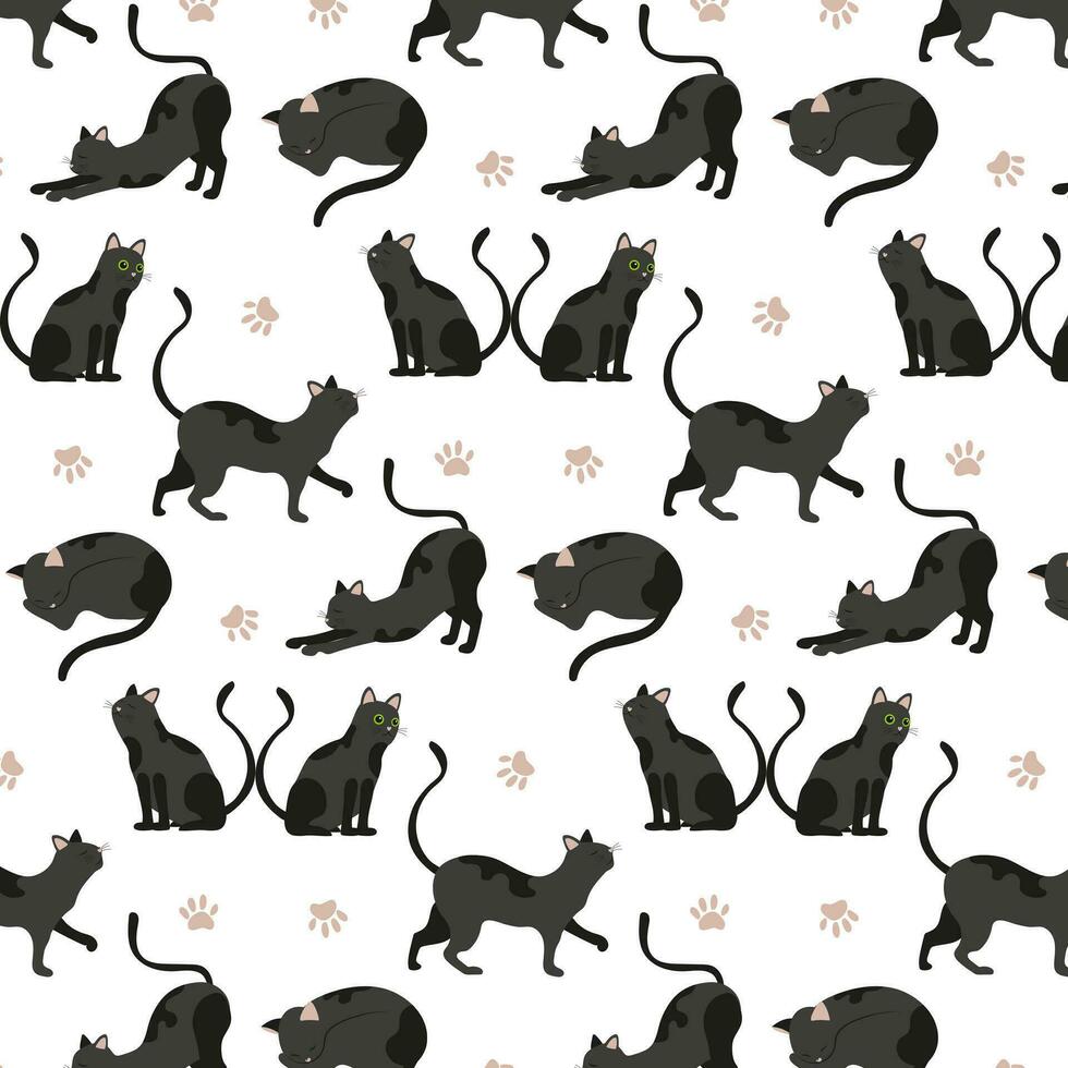 nahtlos Muster mit schwarz Katze. eben Karikatur Katze sitzt, steht und gewölbt es ist zurück. Farbe Vektor Illustration auf Weiß Hintergrund.