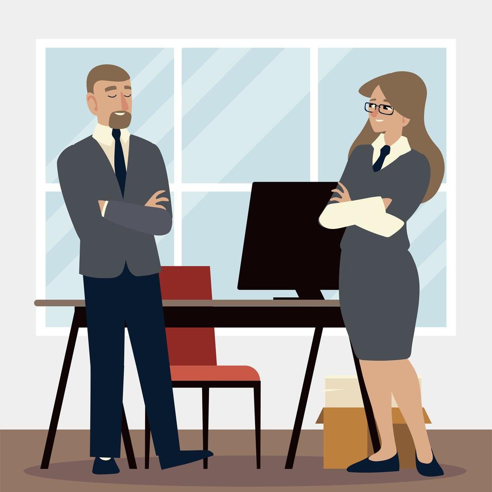affärsmän, affärsman och kvinna på kontoret med skrivbord vektor