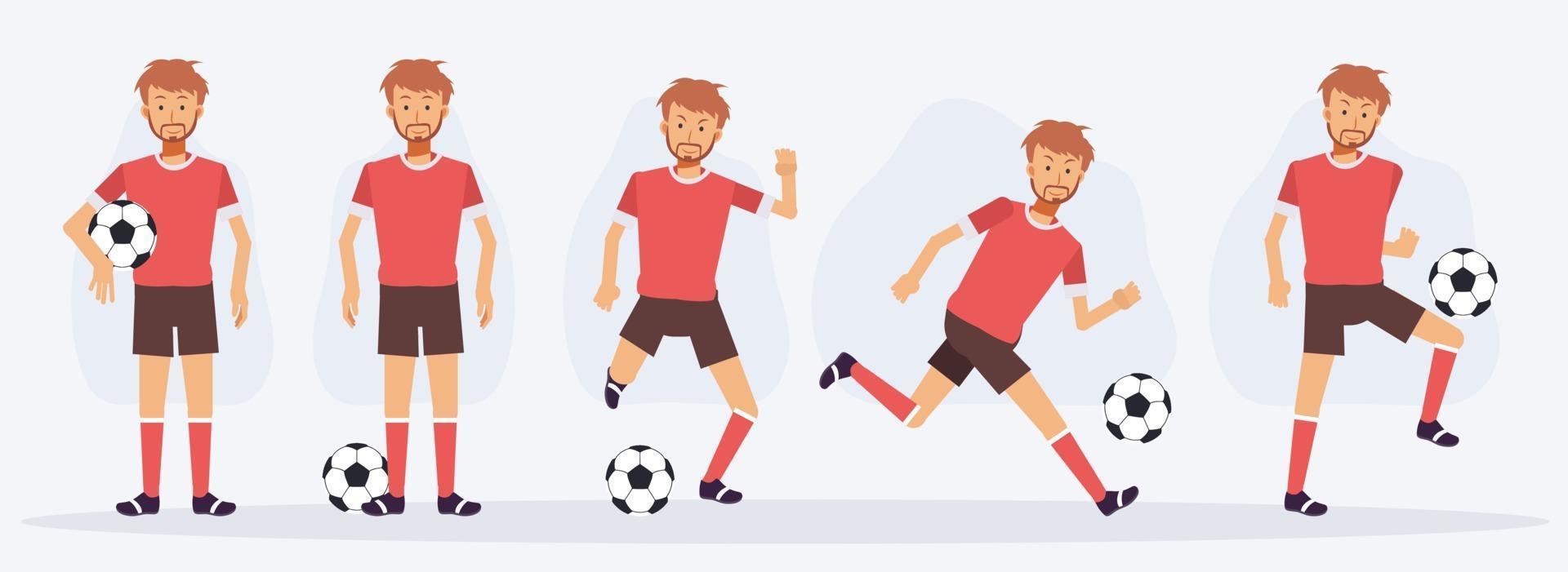 Satz von Fußball-, Fußballspieler-Charakteren, die verschiedene Aktionen zeigen. vektor