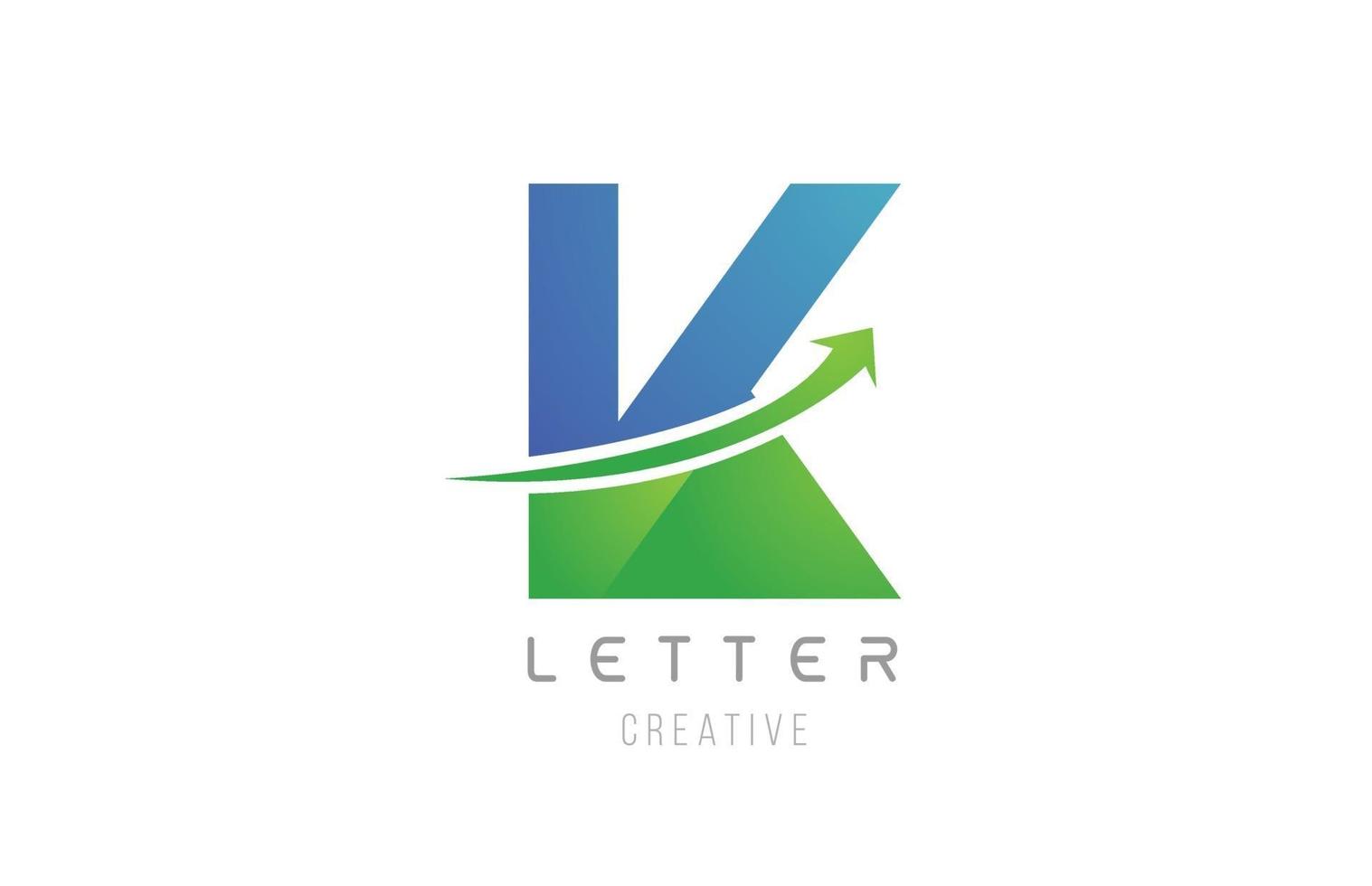 grün-blauer Swoosh-Pfeil-Buchstabe-Alphabet k für Firmenlogo-Icon-Design vektor