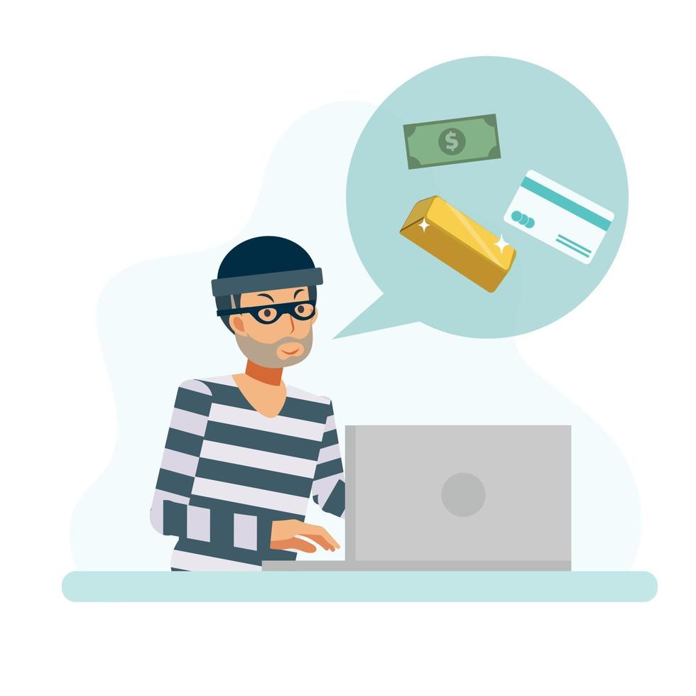 hacker koncept, en man hackar data för att stjäla pengar guld kreditkort. vektor