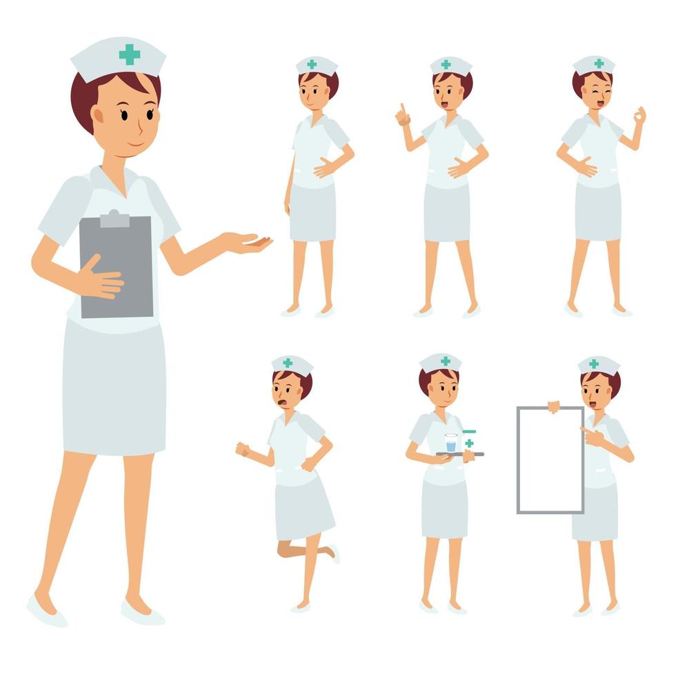 vektor uppsättning kvinnlig sjuksköterska karaktär. medicinsk personal illustration.