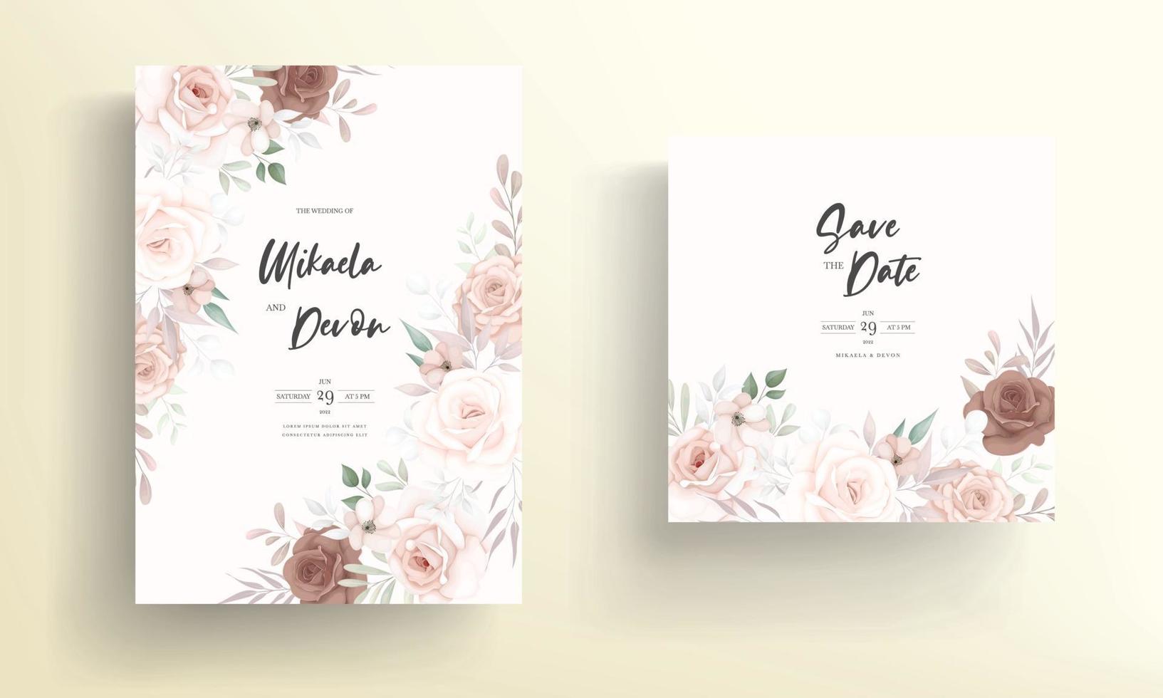 vacker handritad brun blommig bröllopsinbjudningskortdesign vektor