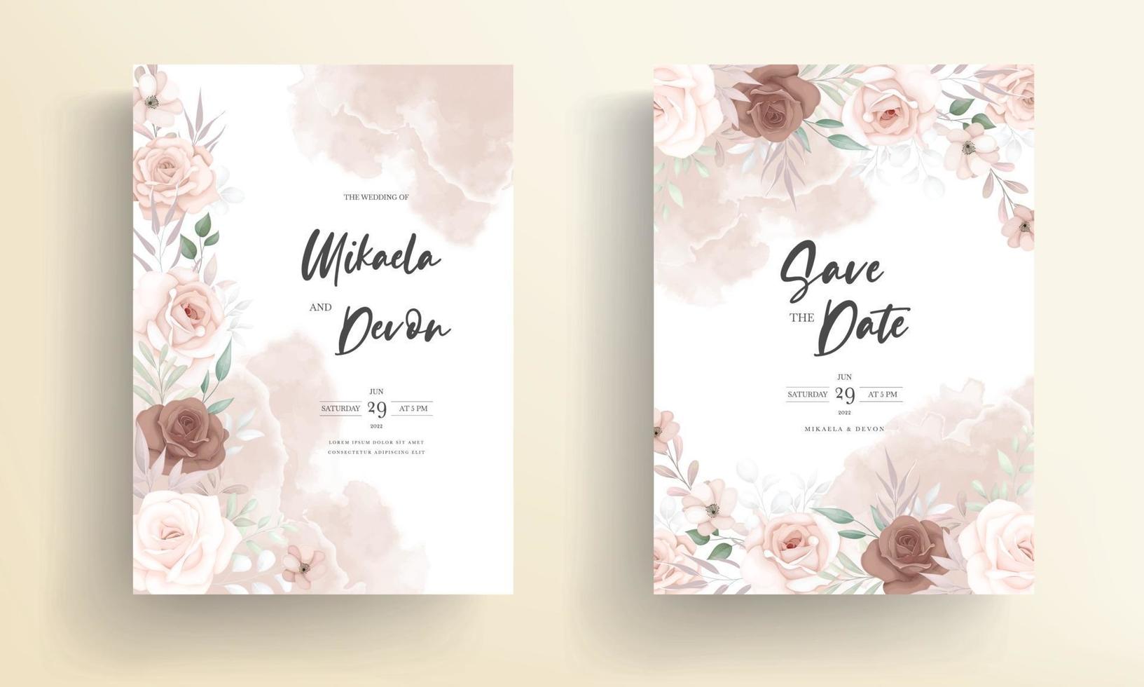 vacker handritad brun blommig bröllopsinbjudningskortdesign vektor