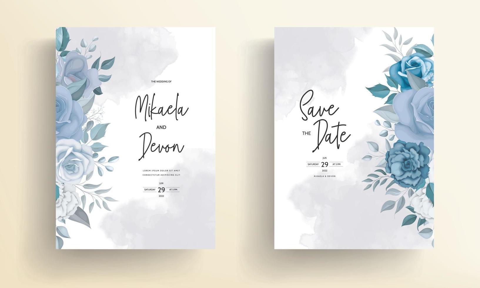 modernt bröllopsinbjudningskort med blå blommor vektor