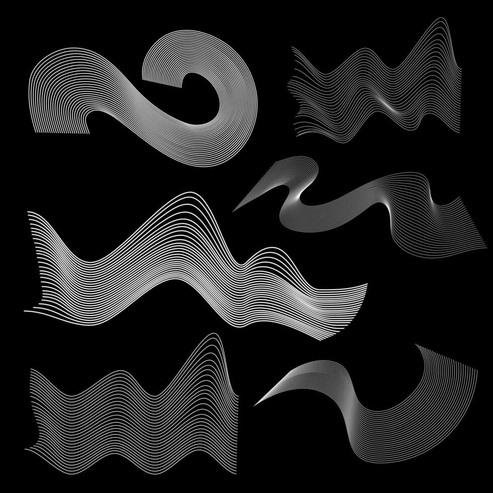 slät vågig rader, ljud Vinka, abstrakt form av rök strömmande materia. vektor element på en svart bakgrund