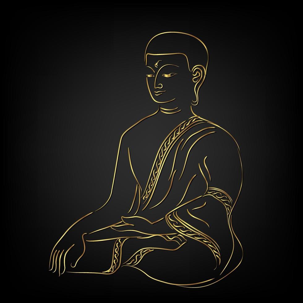goldene buddha-linienskizze mit goldenem randelement auf schwarz isolieren vektor