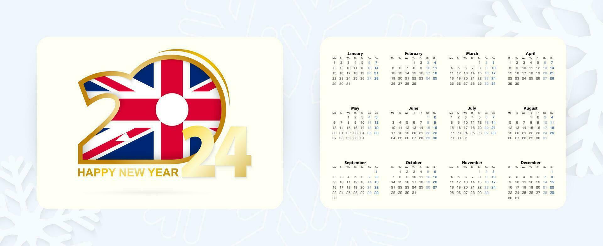 horizontal Tasche Kalender 2024 im Englisch Sprache. Neu Jahr 2024 Symbol mit Flagge von vereinigt Königreich. vektor