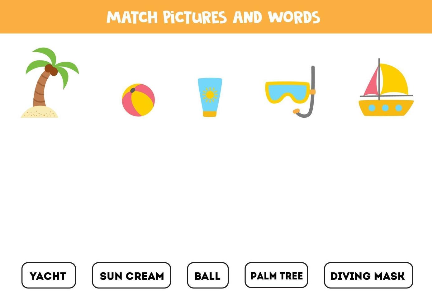 matchande sommarbilder och orden. pedagogiskt spel för barn. vektor