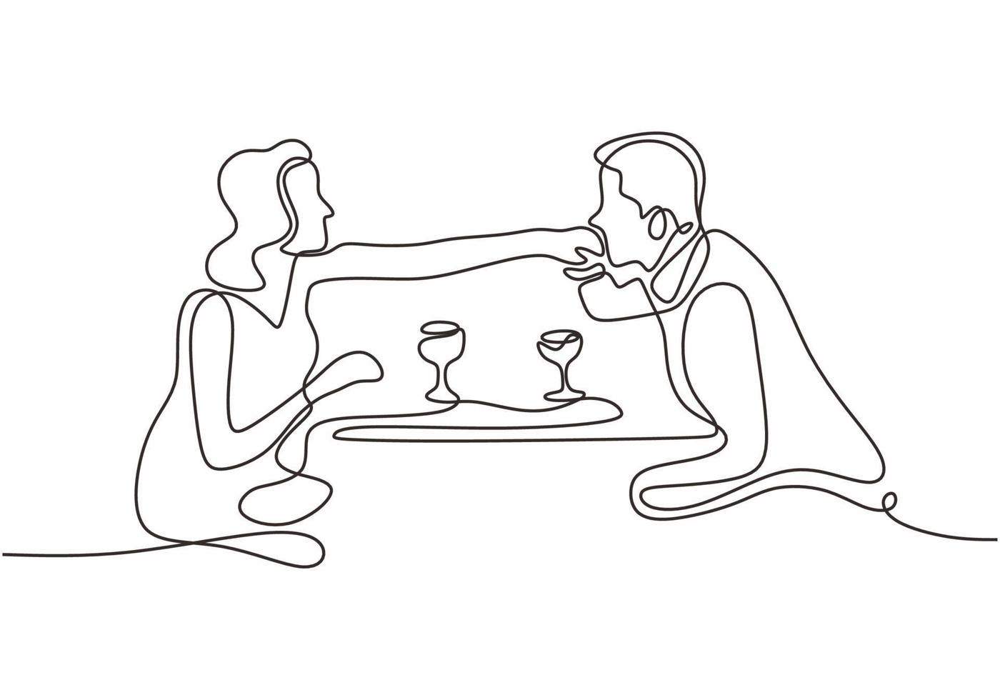 eine Strichzeichnung von Paaren von Mann und Frau, die essen. vektor