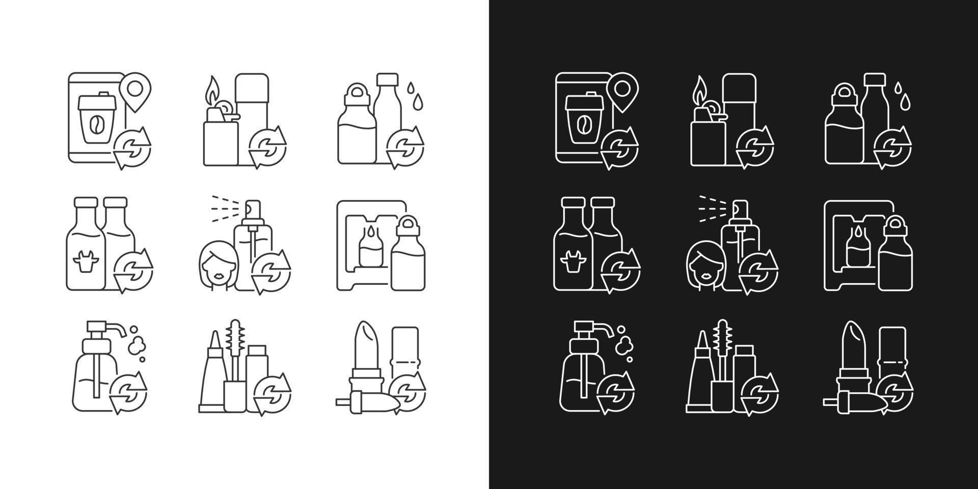 Lineare Symbole für nachfüllbare Produkte für den Dunkel- und Hellmodus vektor