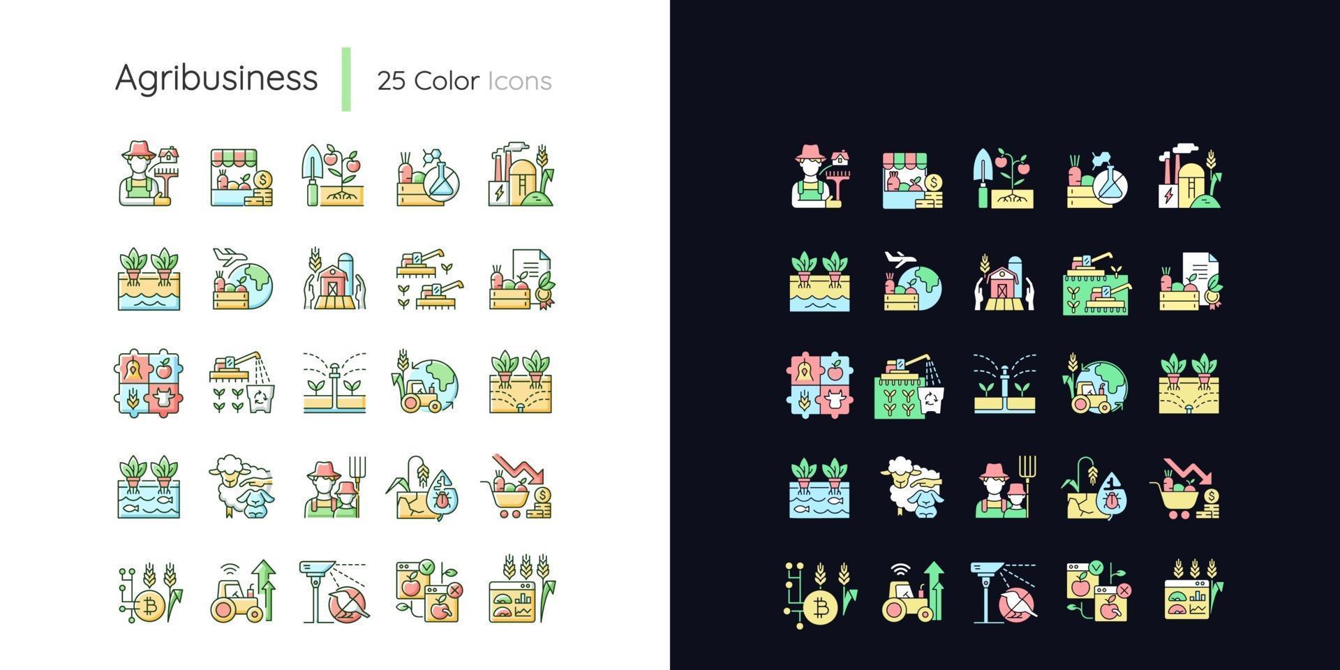 jordbruksrelaterat ljus och mörkt tema rgb -färgikoner vektor