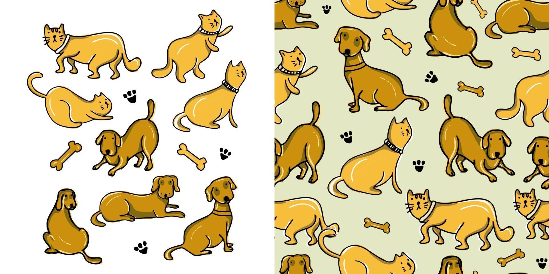 süße Katzen- und Hundeillustration und nahtlose Musterhand gezeichnet vektor