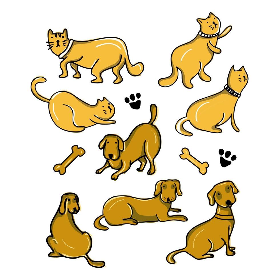 Katze und Hund Cartoon Zeichnung Set Design Vector Illustration.