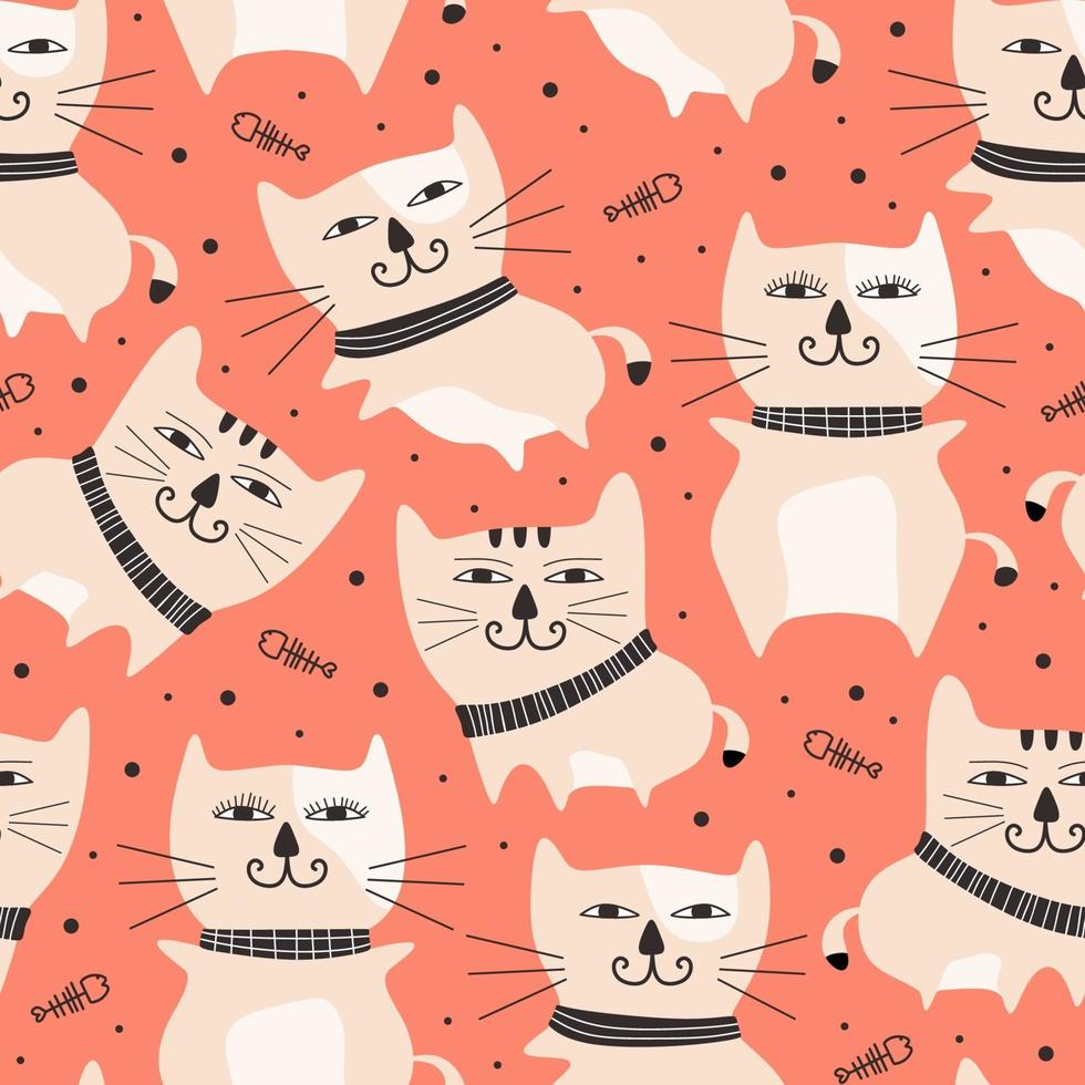 lustiger Katzencharakter nahtloses Musterkarikaturzeichnungshintergrund vektor