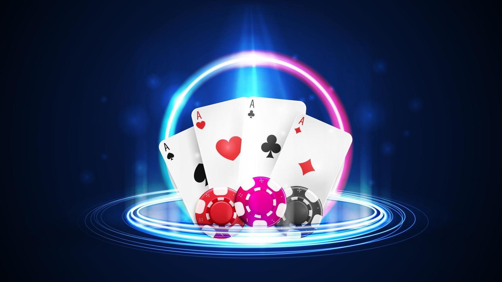 Leuchten Sie Neon-Casino-Spielkarten mit Pokerchips, Neon-Hologramm vektor