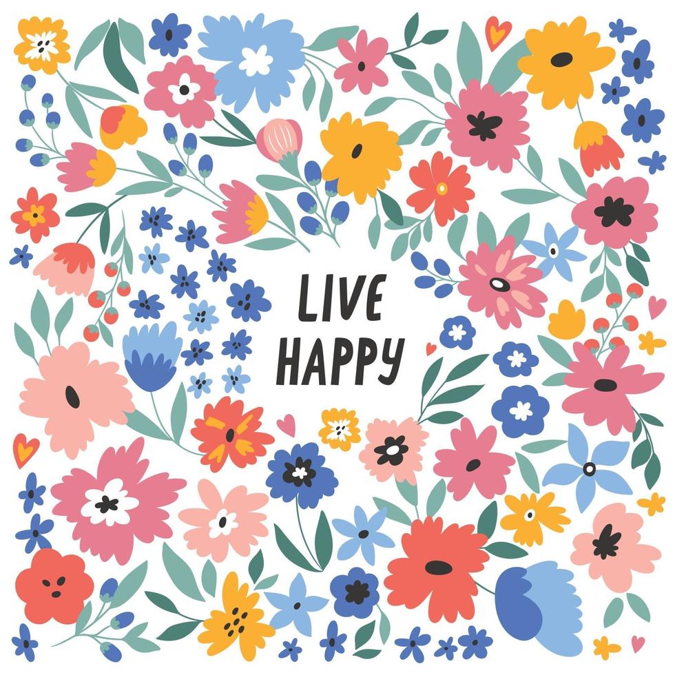 Lev lycklig. vektor illustration med handritad bokstäver och blommor.