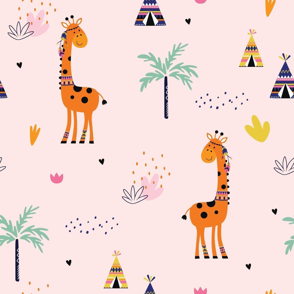 nahtloses Muster mit süßer böhmischer Giraffe. Kindergarten Hintergrund vektor