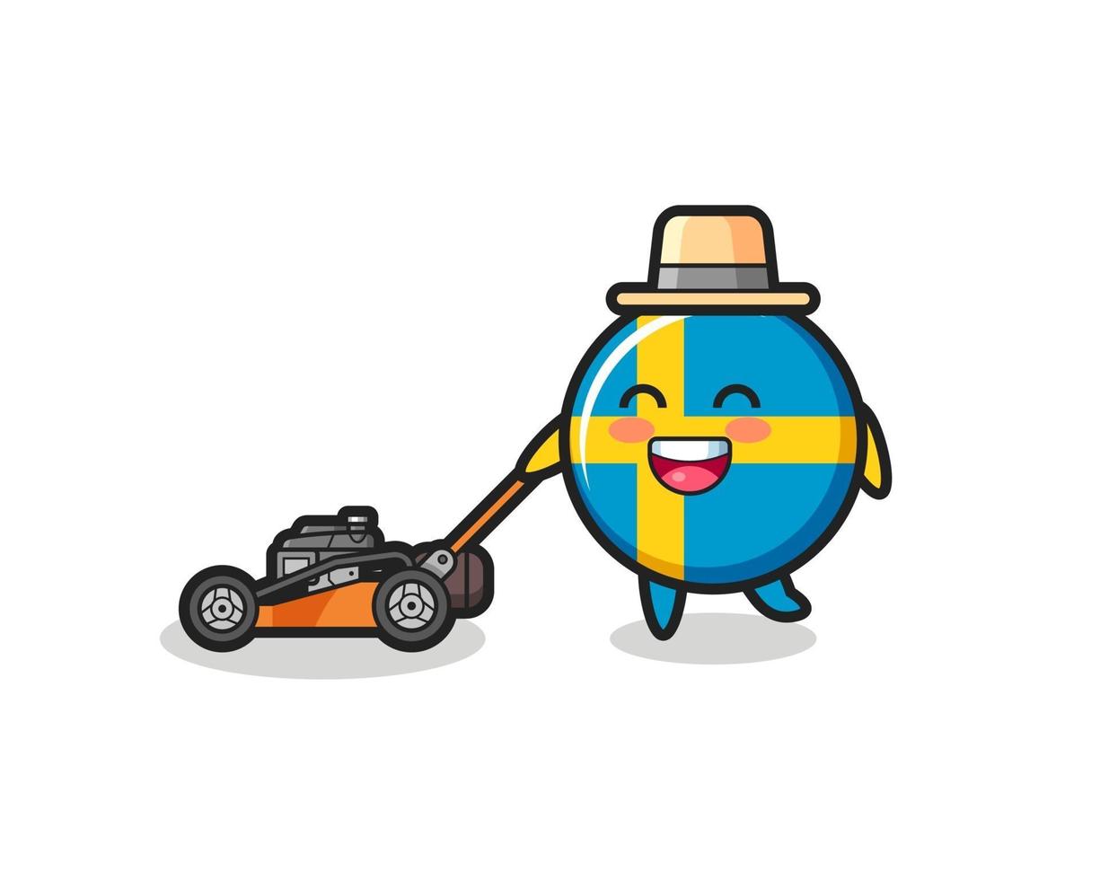 illustration av sveriges flaggmärkes karaktär med gräsklippare vektor